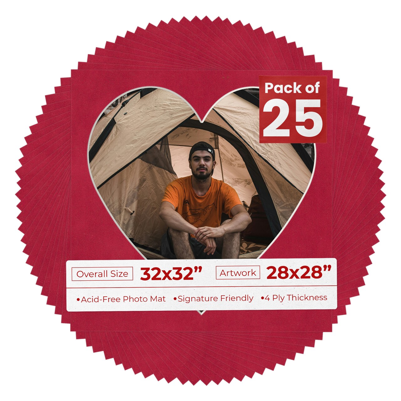 Red Suede Mat Board for 32x32 Frames - Heart Opening for 28x28 Photos